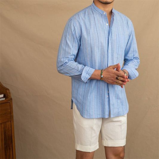 Chemise à manches longues à col montant en coton et lin, légèrement large - MOLATO