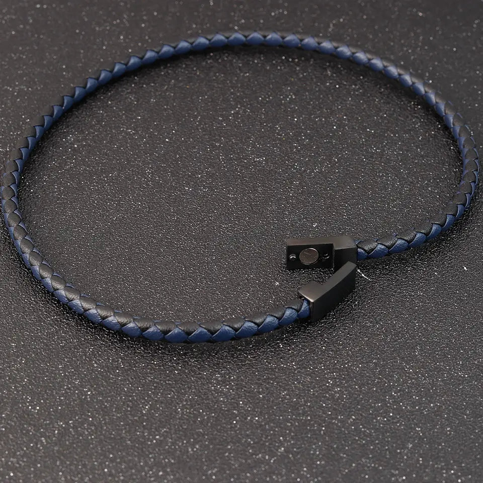 Bracelet Homme en Cuir Tressé Bleu Marine - Fermoir Moderne - Style Urbain - MOLATO