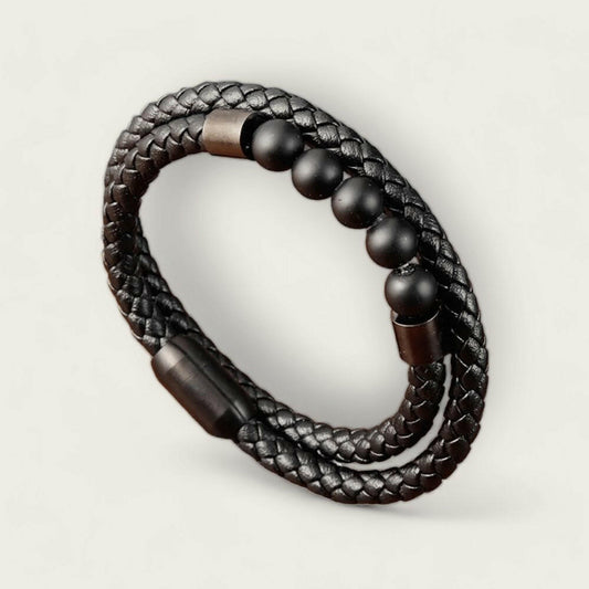 Bracelet Minimaliste en Cuir Noir et Perles - Accessoire Homme Contemporain - MOLATO