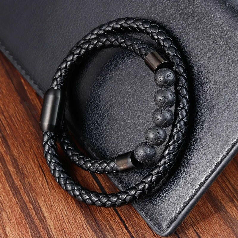 Bracelet Minimaliste en Cuir Noir et Perles - Accessoire Homme Contemporain - MOLATO